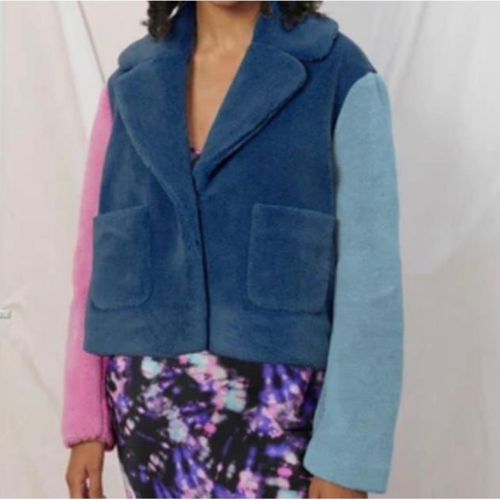 Olivia Rubin Cass Colourblock Faux Shearling Jacket Blue Pink Size XS US 4